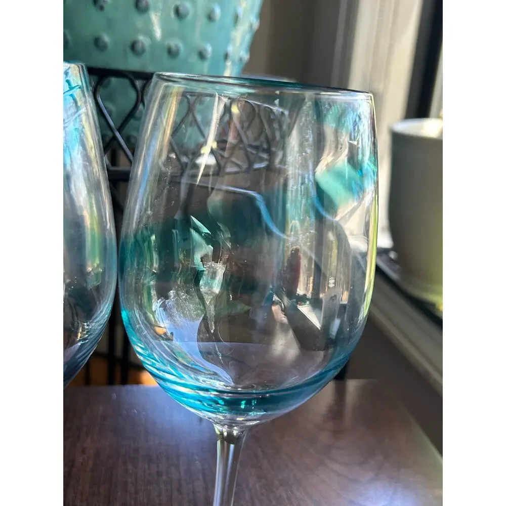 2 Pier 1 Russell & Company teal blue swirl wine glasses